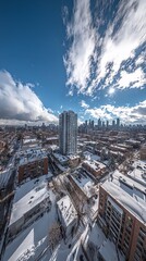 Obraz premium A snowy urban landscape with buildings and a skyline under a bright sky.
