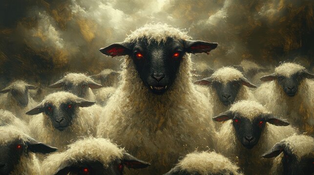 Menacing sheep with glowing red eyes leading a flock under a stormy sky.