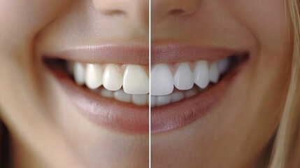 A close-up of two images showing the before and after effect on teeth, one with yellowing, and another with a perfectly white smile. 