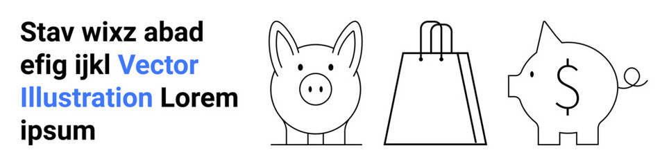 Three cartoons of two piggy banks and a shopping bag next to filler text. Ideal for finance, e-commerce, shopping, banking, savings, investments, budgeting. Landing page