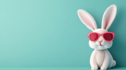 Obraz premium Cute white rabbit wearing pink sunglasses against a pastel blue background