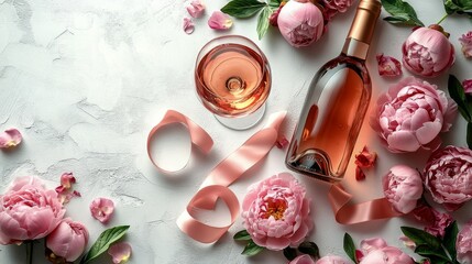 Elegant wine bottle surrounded by pink peonies and lush greenery for a spring celebration