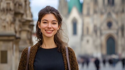 Fototapeta premium Young Woman Smiling Outdoors Near a Cathedral