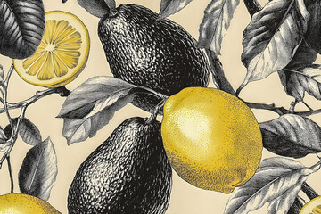 Papier peint avec motif de citron et d'avocat
