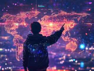 Child pointing at world map with glowing data overlay.