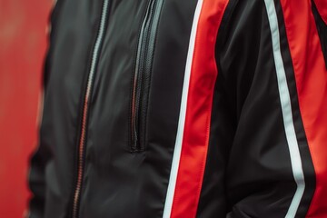 Black jacket detail: red, white stripes, zipper.