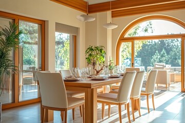 Bright and Modern Dining Room with Wooden Table Surrounded by White Chairs and Natural Light Flowing Through Large Windows