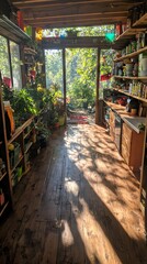 Fototapeta premium A sunlit garden shed filled with plants and gardening supplies.
