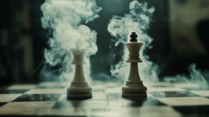 White king and pawn chess pieces stand in a smoky, fog-like background on a chessboard, evoking themes of mystery, mental duel, and strategy in a minimalist, atmospheric setup.. AI Generation