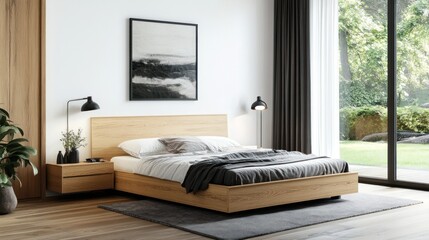 Modern bedroom with oak bed, nightstand, and artwork.