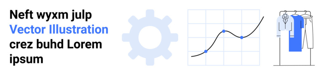 Gear icon, ascending line chart, and clothing rack with various garments beside placeholder text. Ideal for business, apparel, fashion, technology, presentations data analysis web design. Landing