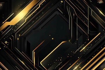 Obraz premium Abstract dark geometric background featuring glowing golden lines and sparkles, creating a modern, futuristic, and elegant design.