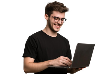 A smiling man with glasses wearing a black shirt, standing and holding and looking down at a laptop on a transparent, isolated background