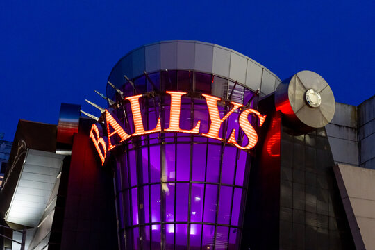 Bally's Casino Resort sign on the building in the night in  Atlantic City, New Jersey, USA, on November 6, 2023.