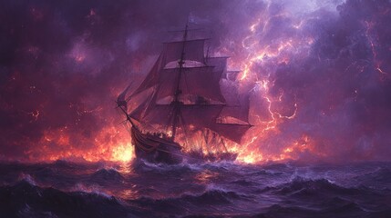 Obraz premium A dramatic ship battles turbulent seas amidst fiery skies and lightning.