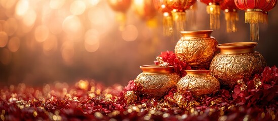 Golden pots with red flowers and lanterns.