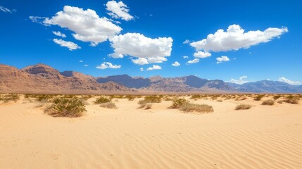 Fototapeta premium A vast desert landscape with mountains and fluffy clouds under a blue sky.