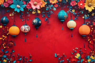 Vibrant Lanterns and Colorful Flowers Against a Bold Red Wall Creating a Festive Atmosphere for Celebration and Cultural Events in a Rich, Artistic Setting