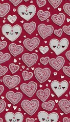 "Charming Pink and White Hearts with Cute Faces in a Delightful Seamless Pattern"