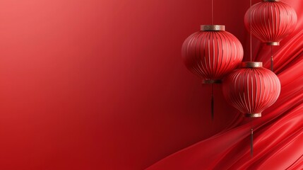 Red Chinese Lanterns Hanging Against Red Silk Background