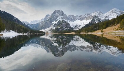 Fototapeta premium Majestic Peaks of Snow-Capped Mountains Reflected Perfectly in a Calm Alpine Lake