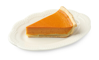 Piece of tasty homemade pumpkin pie isolated on white