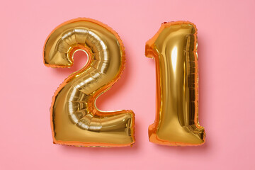 Coming of age party - 21st birthday. Number shaped balloons on pink background