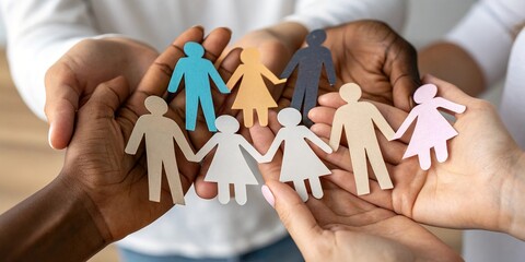 Silhouettes of diverse paper figures on hands symbolizing inclusion and equality, set against a bright background.