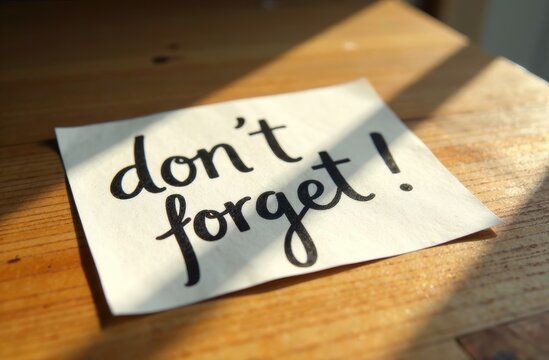 A handwritten reminder on a sticky note reads don't forget! The note is placed on a wooden surface illuminated by natural light, creating a cozy atmosphere.