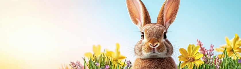 Obraz premium cute rabbit surrounded by colorful flowers in sunny field