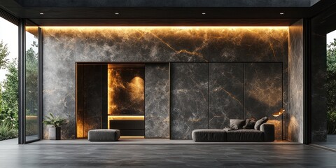 Modern interior design with dark marble walls, recessed lighting, and a sleek lounge area.