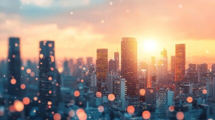 A vibrant city skyline at sunset, showcasing modern architecture and urban life.