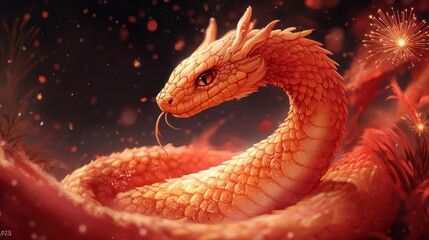 Fototapeta premium Fiery orange mythical snake coiled amidst red floral sparks, digital art.