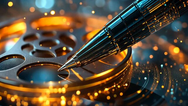 Scriptwriting Focus, Close-up of a pen and film reel representing creativity in movie storytelling, Cinema and Direction, ProRes 422HQ