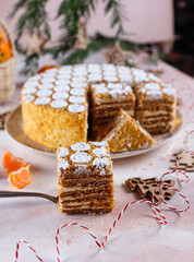 Homemade layered traditional honey cake.