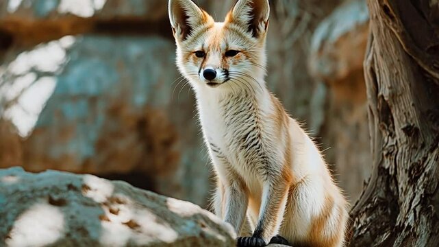 A curious fennec fox stands on a rocky perch in a sunlit natural habitat. Concept of wildlife beauty, adaptability, and the charm of desert creatures.