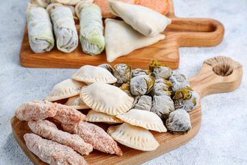 Raw semi finished frozen products, meals.