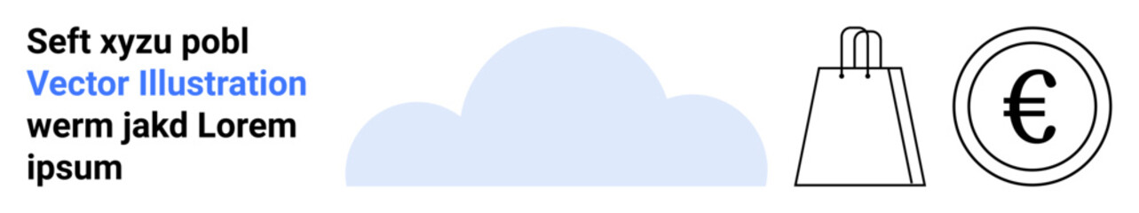 Cloud icon, shopping bag, and Euro coin illustrate e-commerce, digital finance, and cloud computing. Ideal for online shopping, digital transactions, cloud services, financial apps web services
