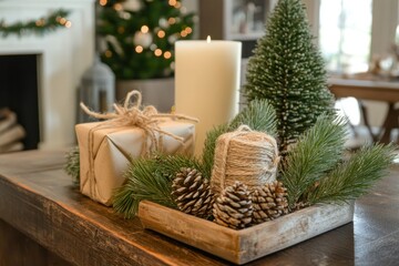 Cozy Holiday Decor with Pinecones, Greenery, and Candle in Festive Arrangement at a Warm and Inviting Home Setting