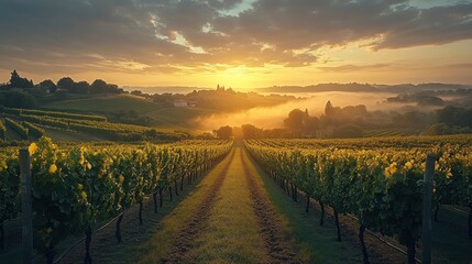 Fototapeta premium A serene vineyard landscape at sunset, showcasing rows of grapevines and rolling hills.