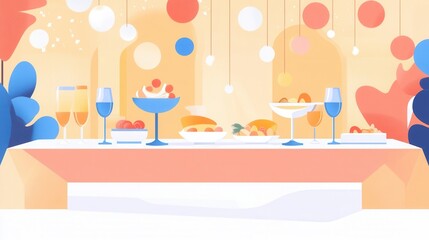 Obraz premium Elegant Flat Style Illustrations of Grand Banquet Tables with Decorative Foods and Drinks