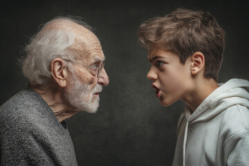 Elderly man and boy arguing and screaming with anger, depicting generation gap and conflict