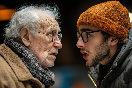 Elderly man and young man wearing glasses are standing face to face having a conversation