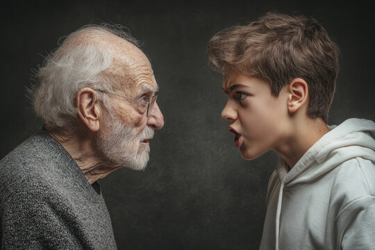 Elderly man and boy arguing and screaming with anger, depicting generation gap and conflict