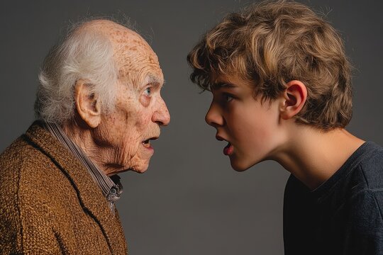 Senior man and teenager arguing face to face on a gray background, representing generation gap and communication issues