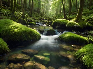 Fototapeta premium Serene Mossy Forest Stream Lush Green Nature