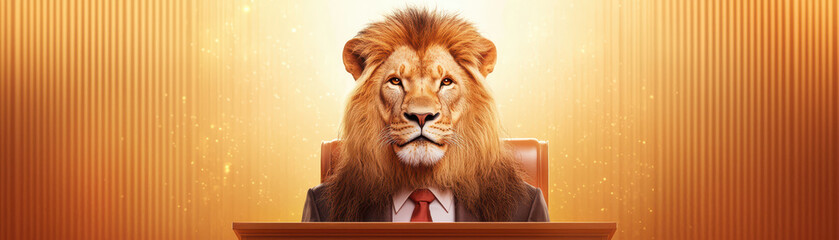 lion in suit sitting at desk, exuding authority and confidence