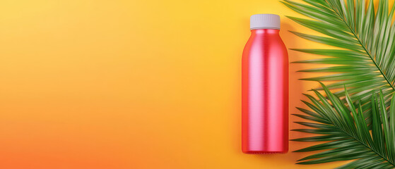 vibrant pink reusable water bottle beside green palm leaf on yellow background creates refreshing and tropical vibe