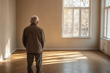 Elderly man looking out the window of an empty room with sunlight shining through