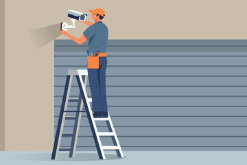 A flat vector illustration of a technician on a ladder, installing a security camera on a wall.